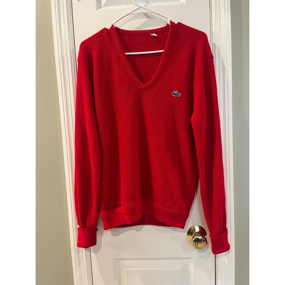 VTG Lacoste Red V-Neck Sweater Blue Croc Logo Pullover Unisex Men M women L B7